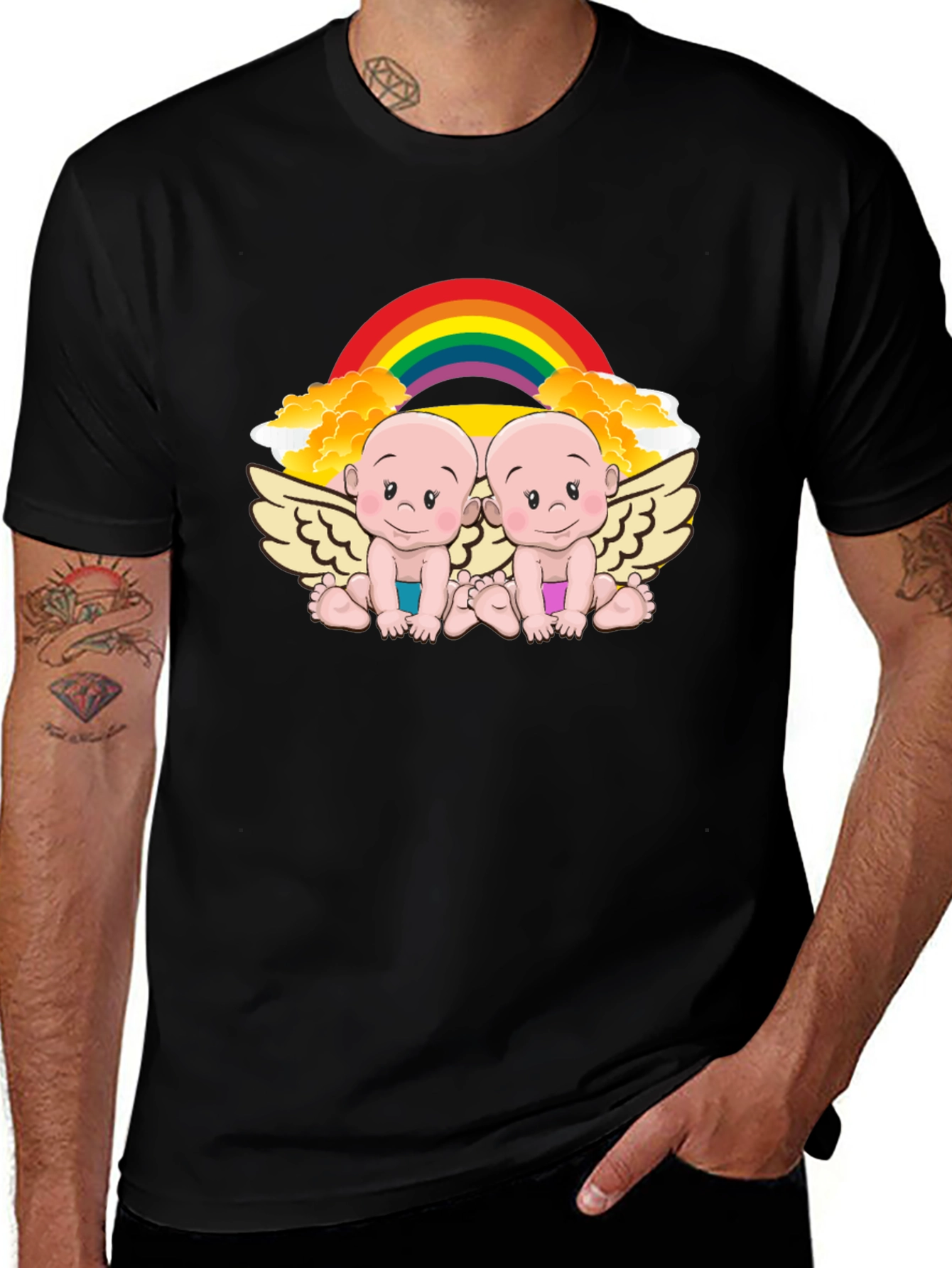 Cute Babies Rainbow Graphic Black T-Shirt