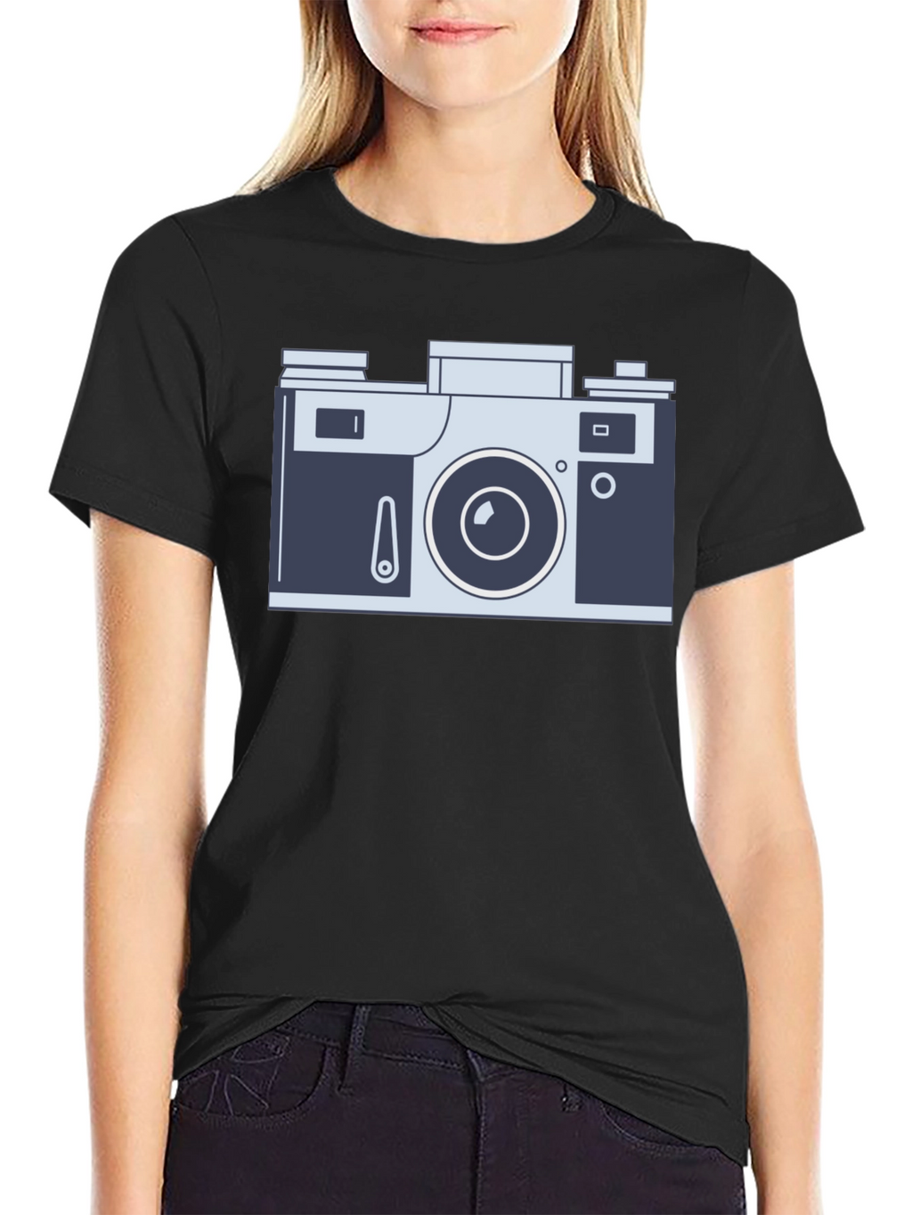 Retro Camera Graphic Tee - Black Cotton Shirt