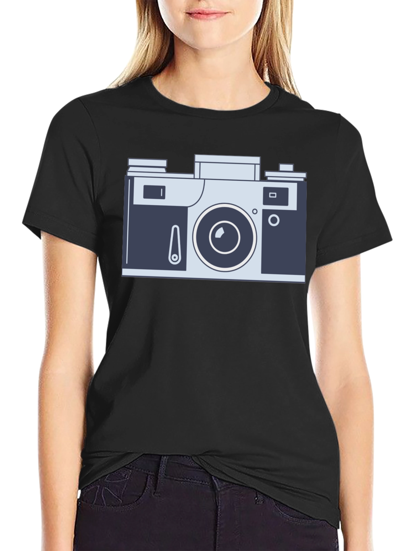 Retro Camera Graphic Tee - Black Cotton Shirt