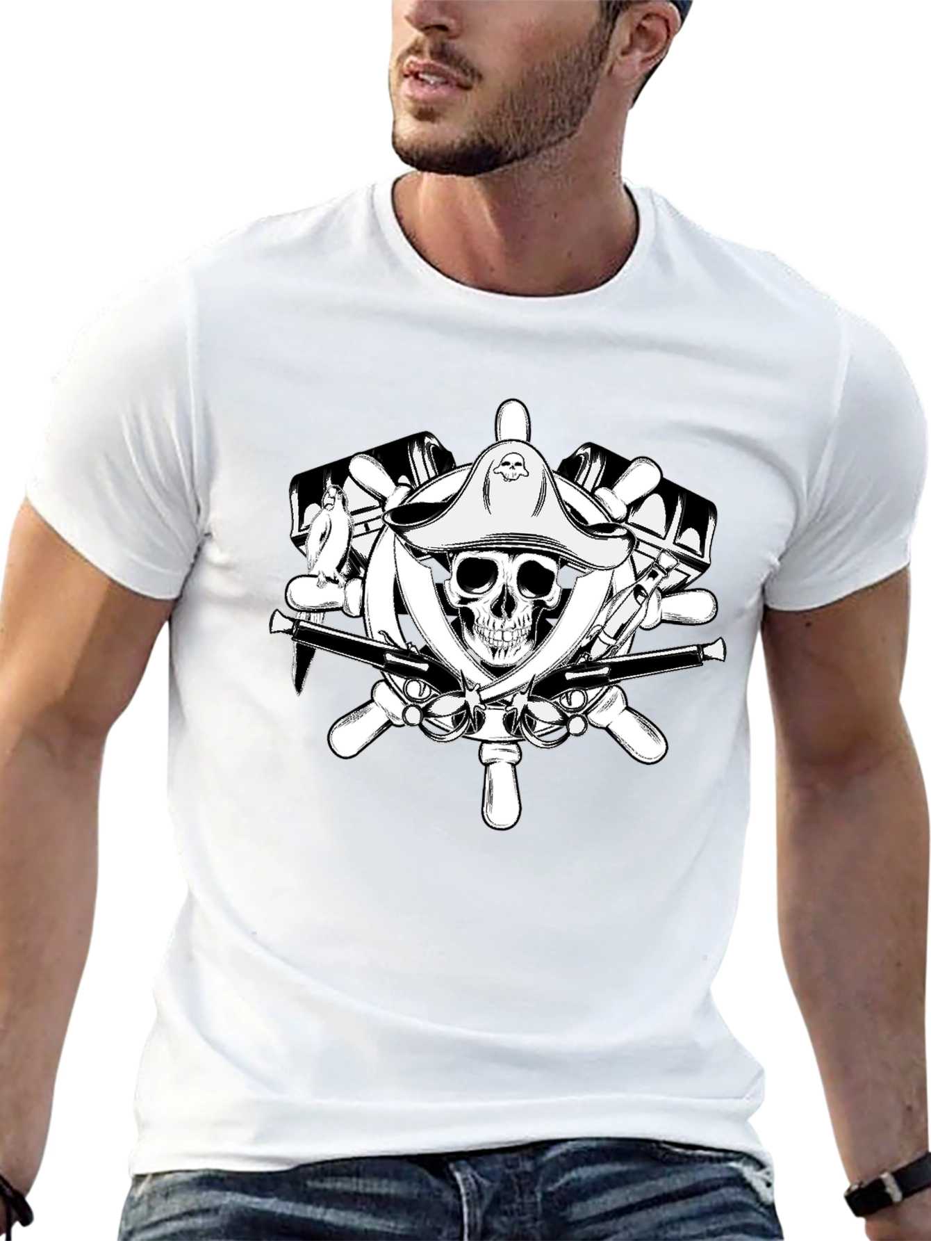 Pirate Skull Wheel Black T-Shirt