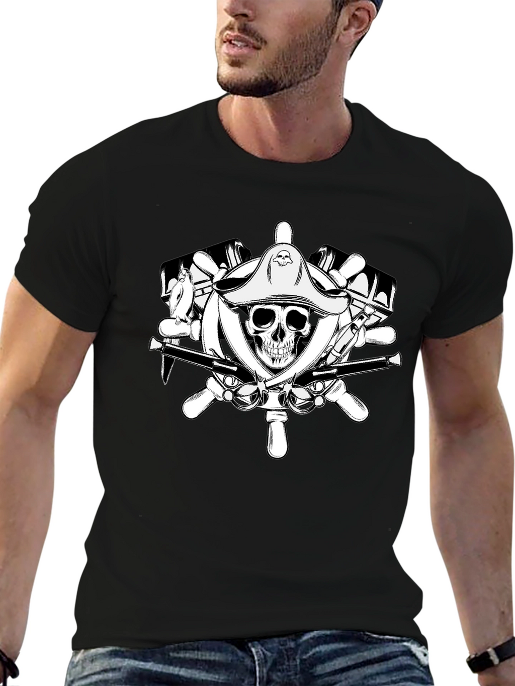 Pirate Skull Wheel Black T-Shirt
