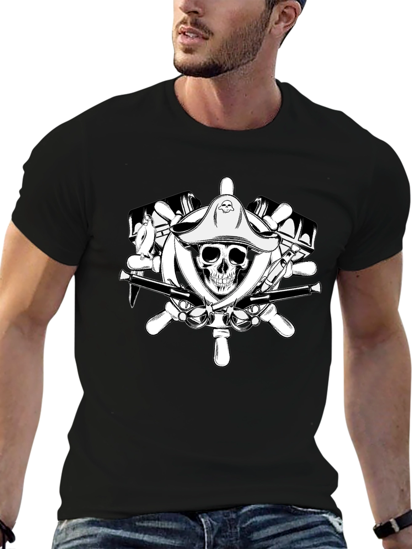 Pirate Skull Wheel Black T-Shirt