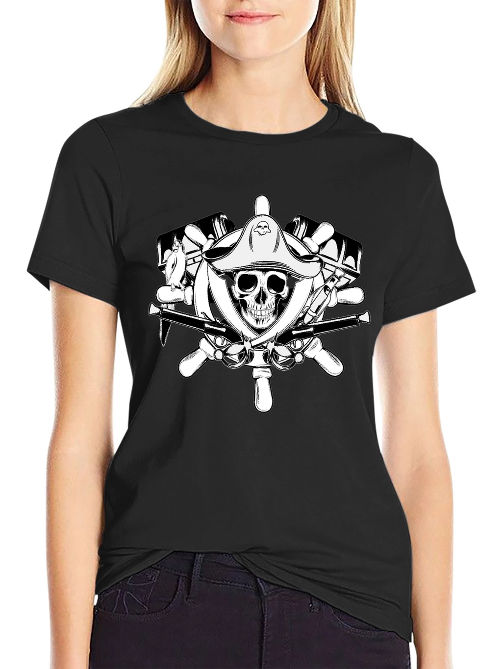 Pirate Skull Wheel Black T-Shirt