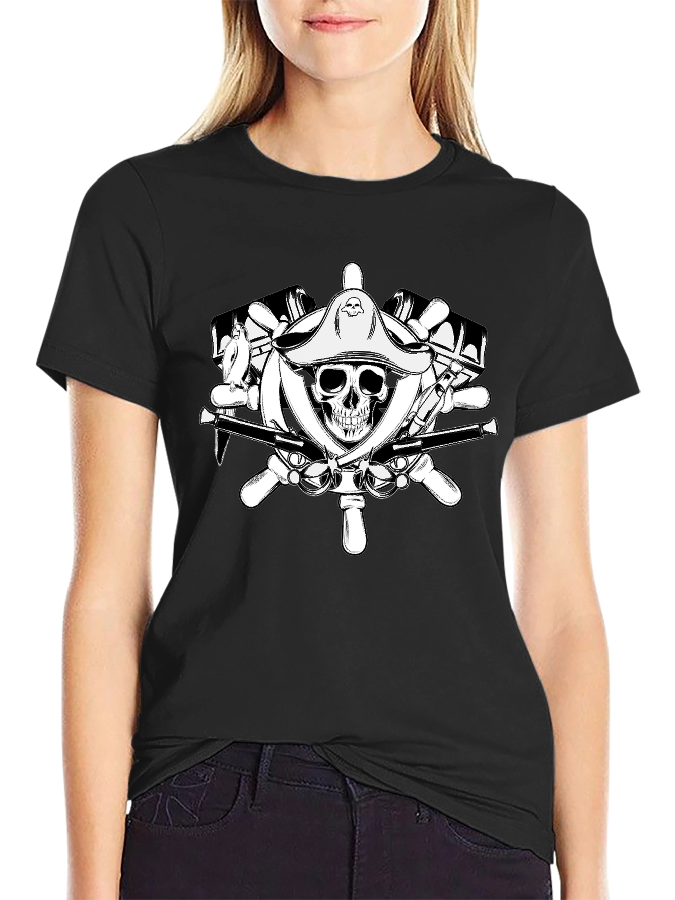 Pirate Skull Wheel Black T-Shirt
