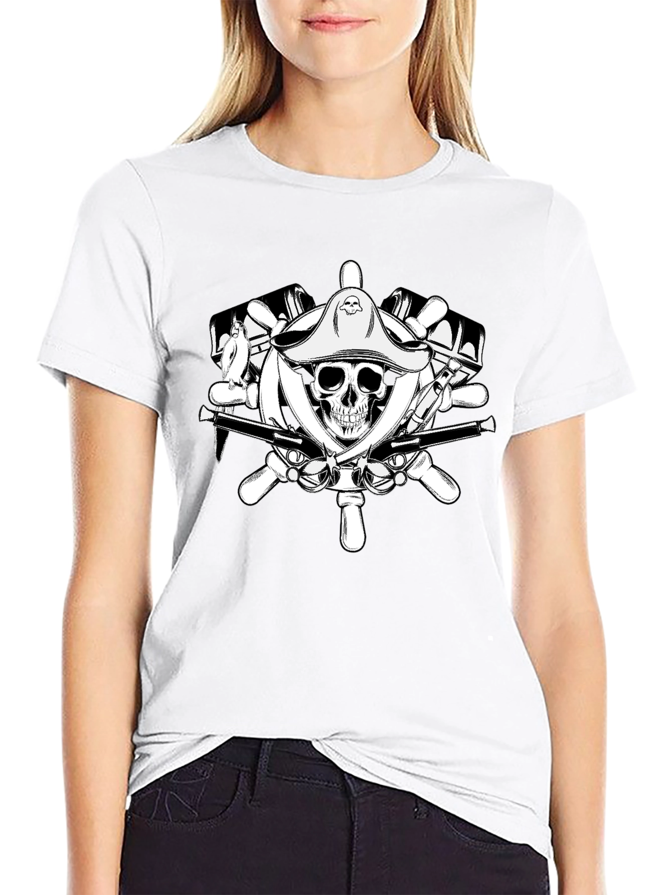 Pirate Skull Wheel Black T-Shirt