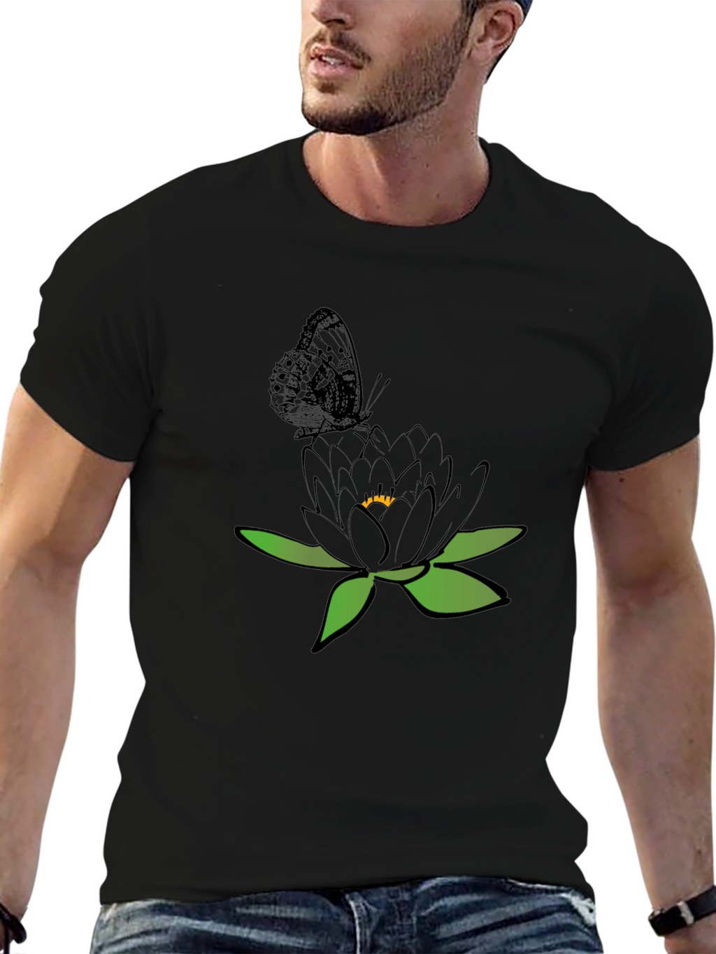 Black T-Shirt with Butterfly and Flower Design