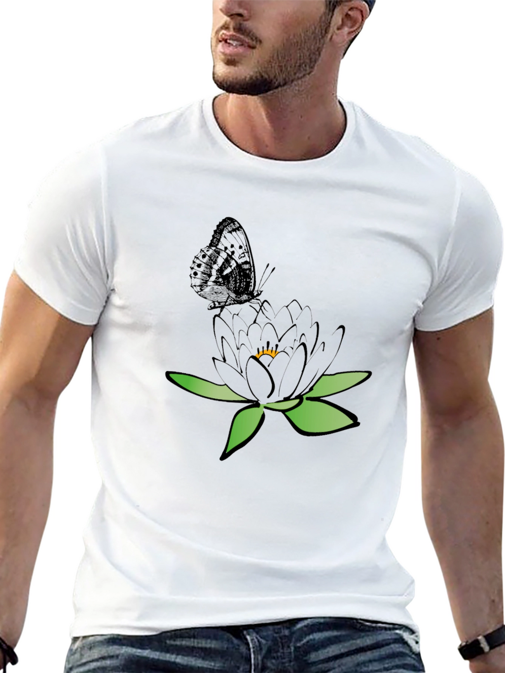 Black T-Shirt with Butterfly and Flower Design