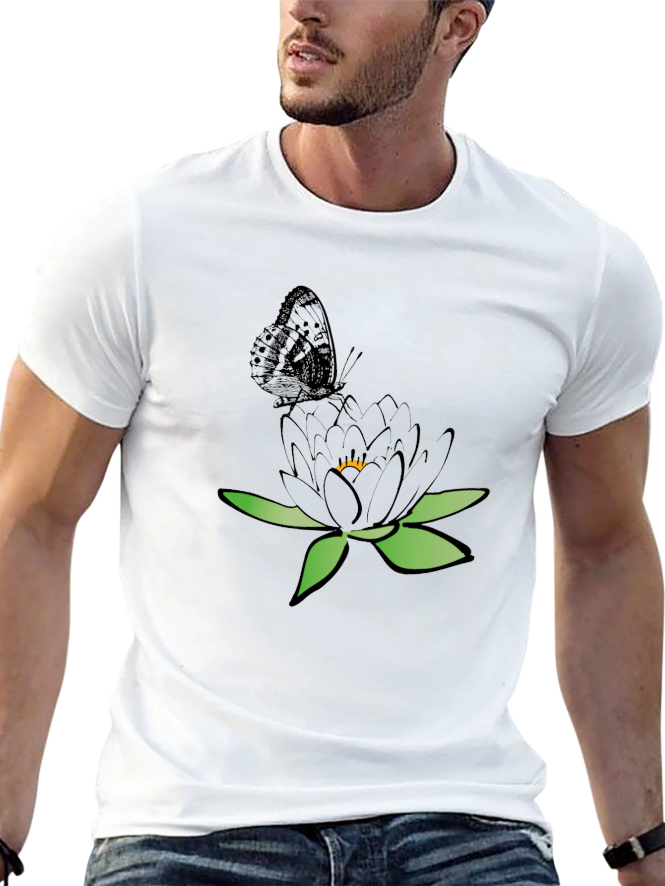 Black T-Shirt with Butterfly and Flower Design