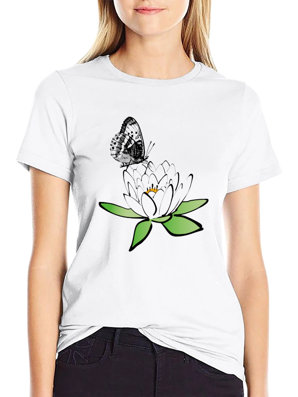 Black T-Shirt with Butterfly and Flower Design