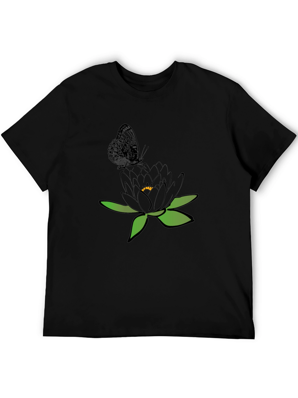 Black T-Shirt with Butterfly and Flower Design