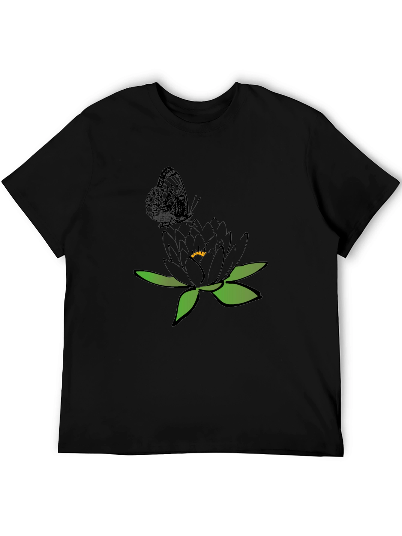 Black T-Shirt with Butterfly and Flower Design