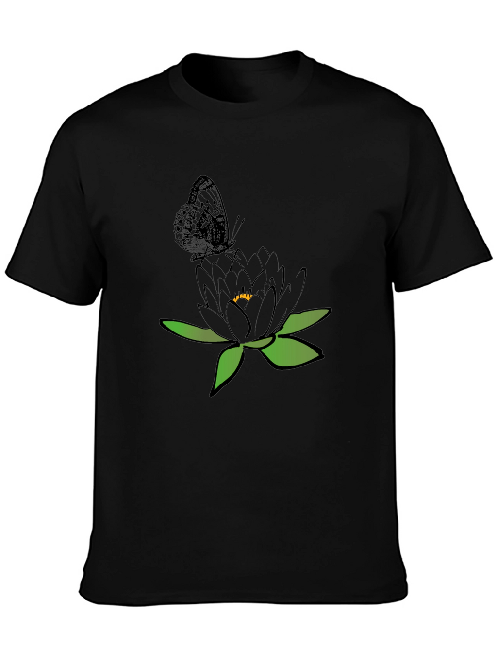 Black T-Shirt with Butterfly and Flower Design