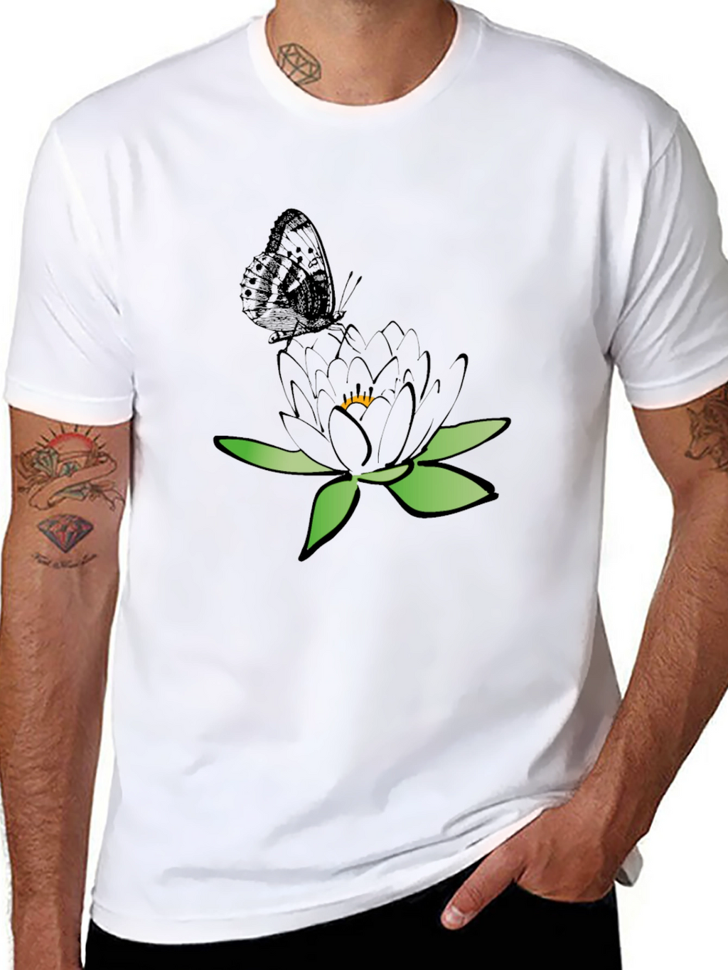 Black T-Shirt with Butterfly and Flower Design