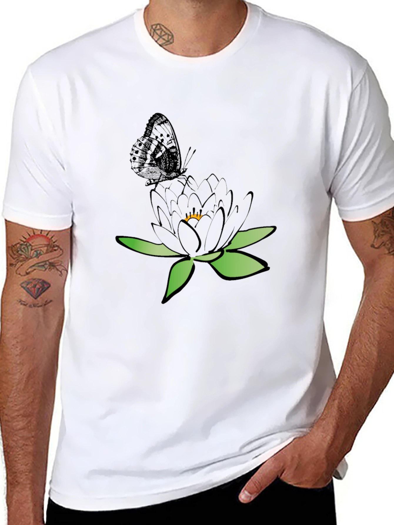 Black T-Shirt with Butterfly and Flower Design