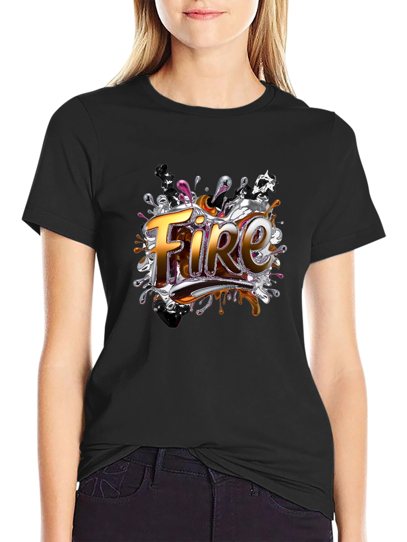 Fire Graphic Print Black T-Shirt