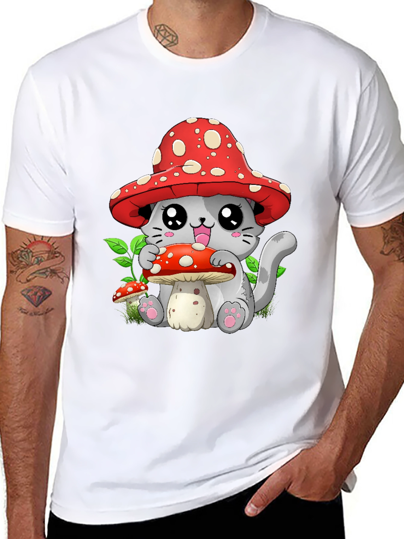 Mushroom Cat Graphic Tee - Whimsical & Cute