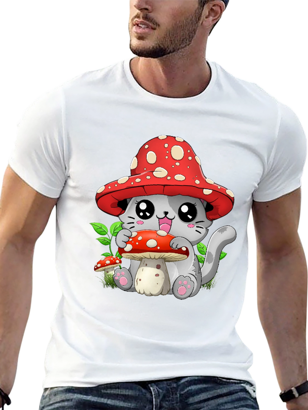 Mushroom Cat Graphic Tee - Whimsical & Cute