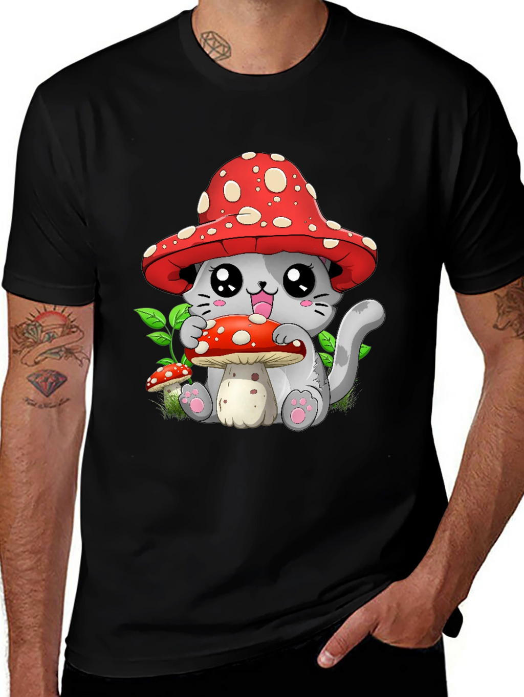 Mushroom Cat Graphic Tee - Whimsical & Cute