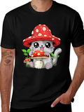 Mushroom Cat Graphic Tee - Whimsical & Cute