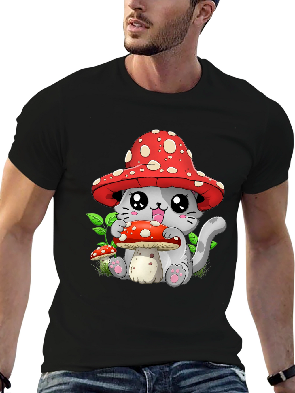 Mushroom Cat Graphic Tee - Whimsical & Cute
