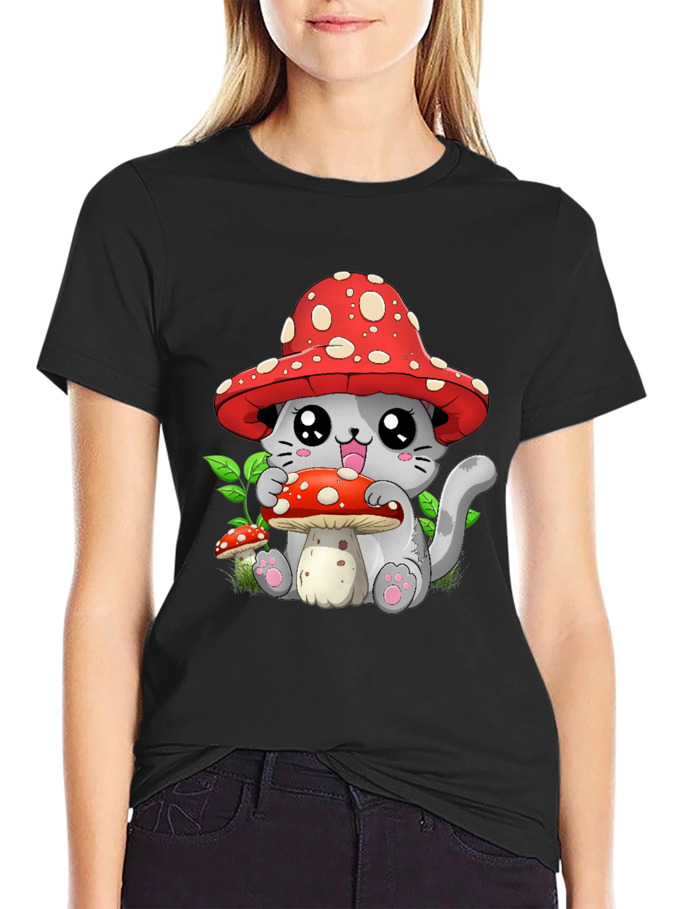 Mushroom Cat Graphic Tee - Whimsical & Cute