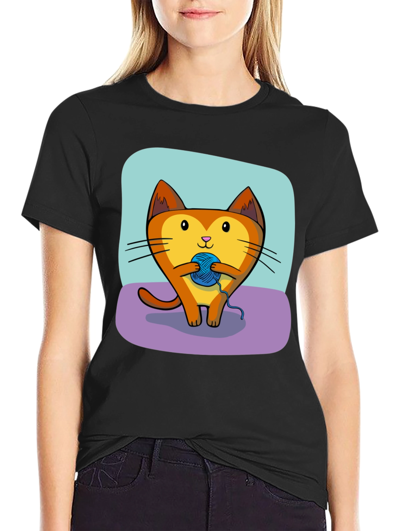Cute Cat with Yarn Ball Graphic Tee - Black T-Shirt