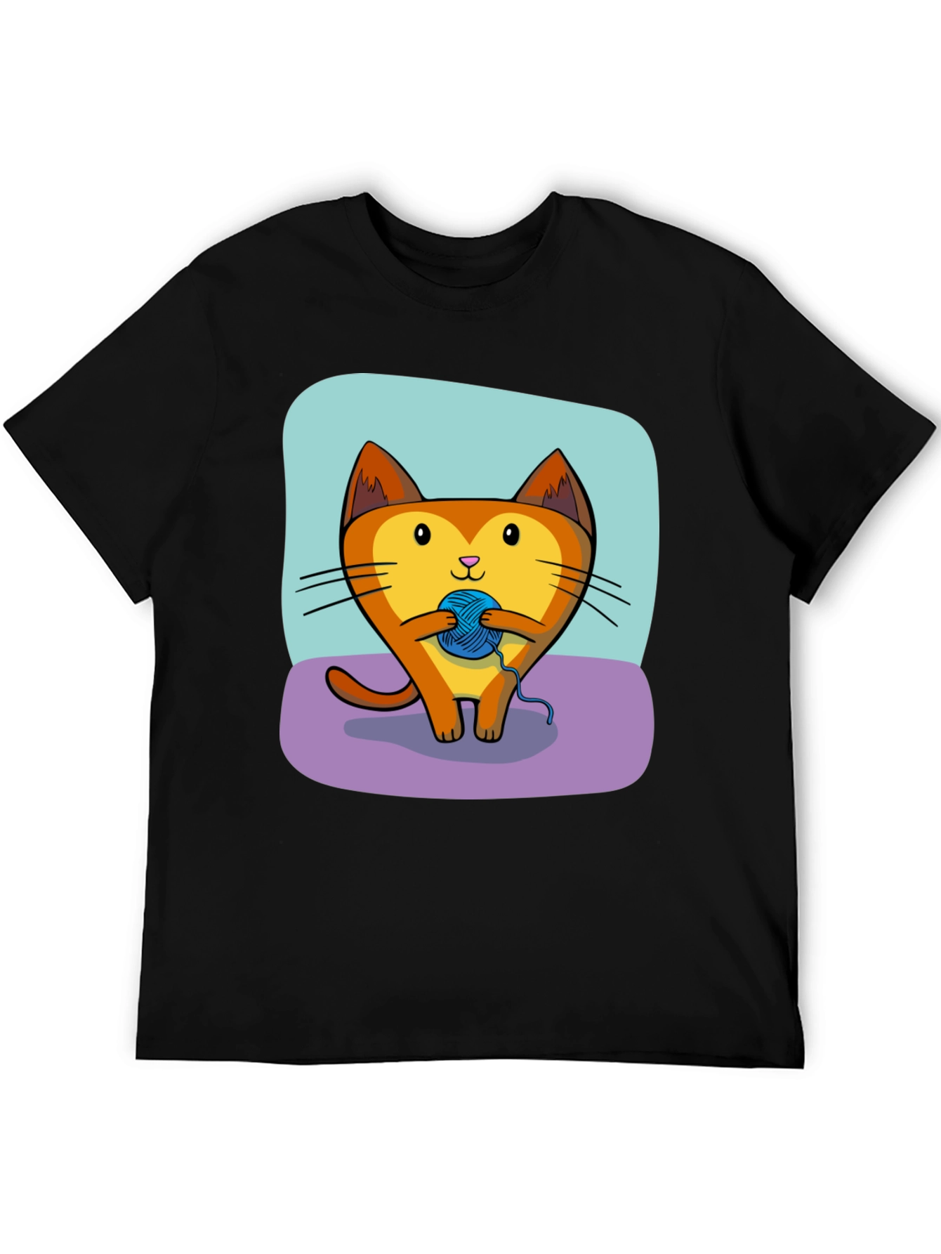 Cute Cat with Yarn Ball Graphic Tee - Black T-Shirt