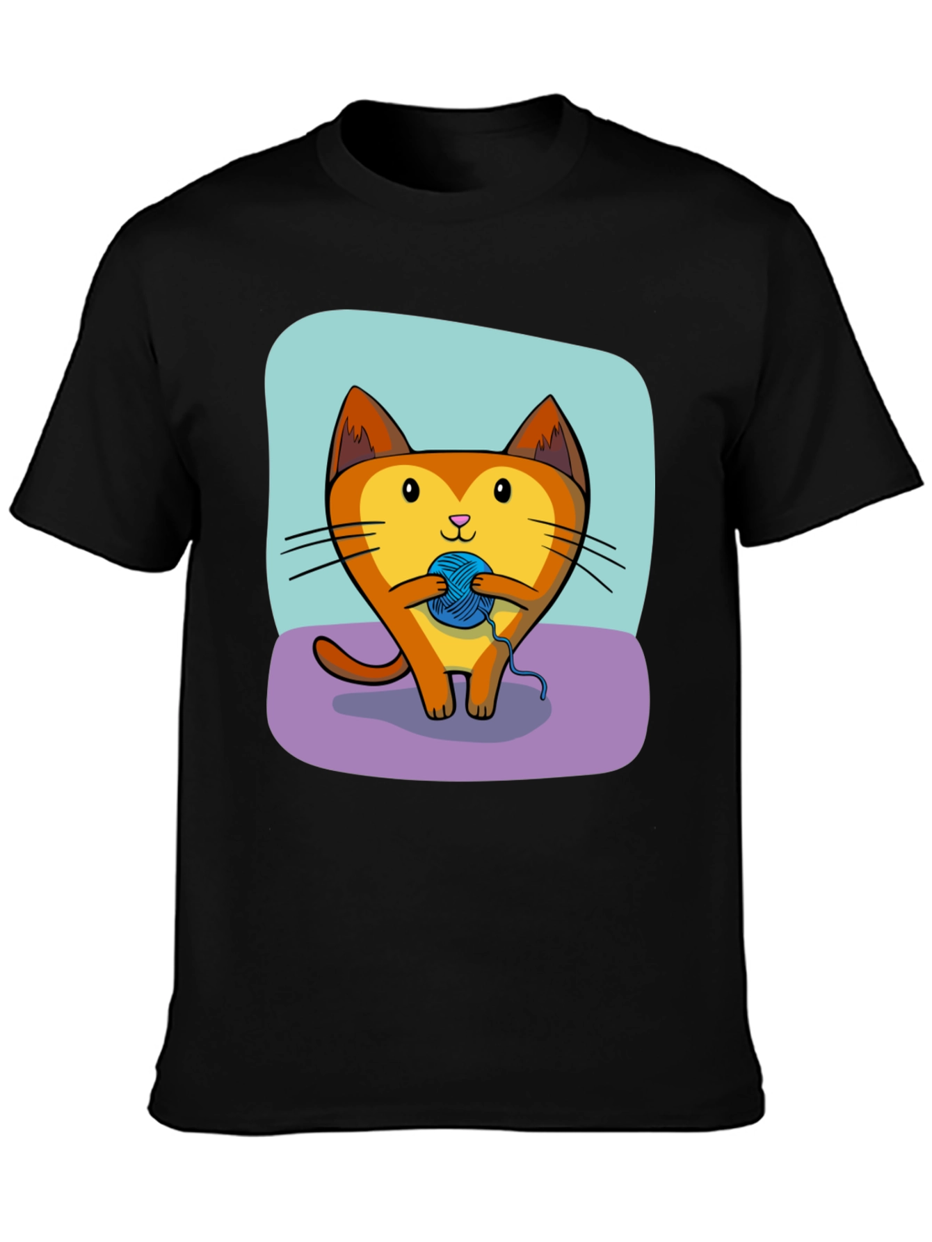Cute Cat with Yarn Ball Graphic Tee - Black T-Shirt