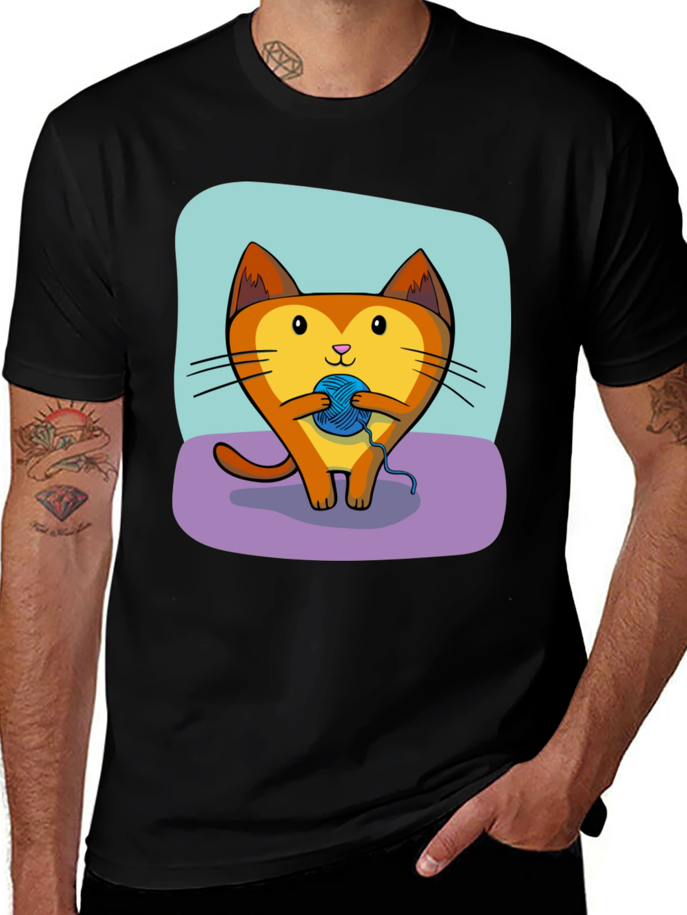 Cute Cat with Yarn Ball Graphic Tee - Black T-Shirt