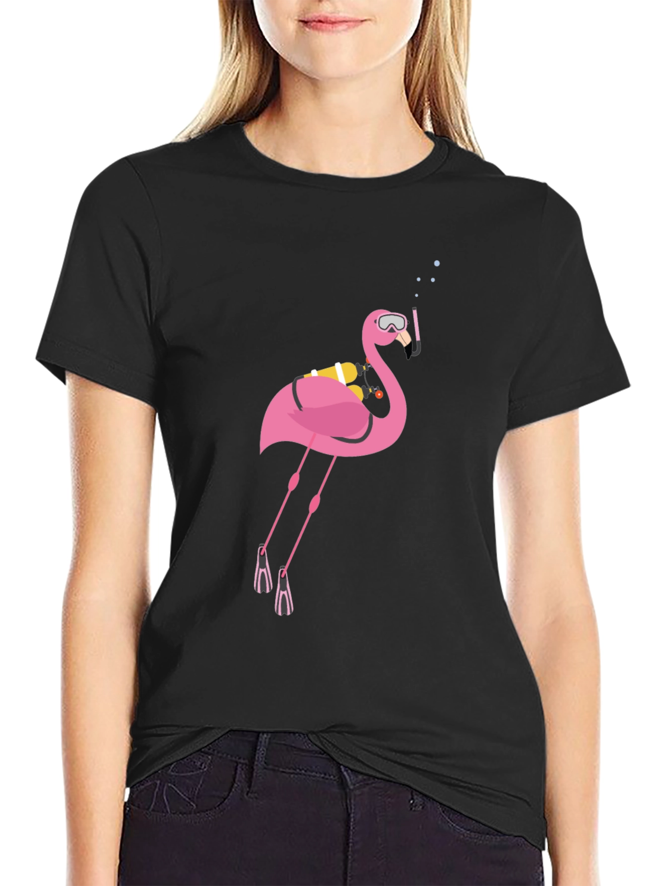 Diving Flamingo Graphic Tee - Black Cotton T-Shirt