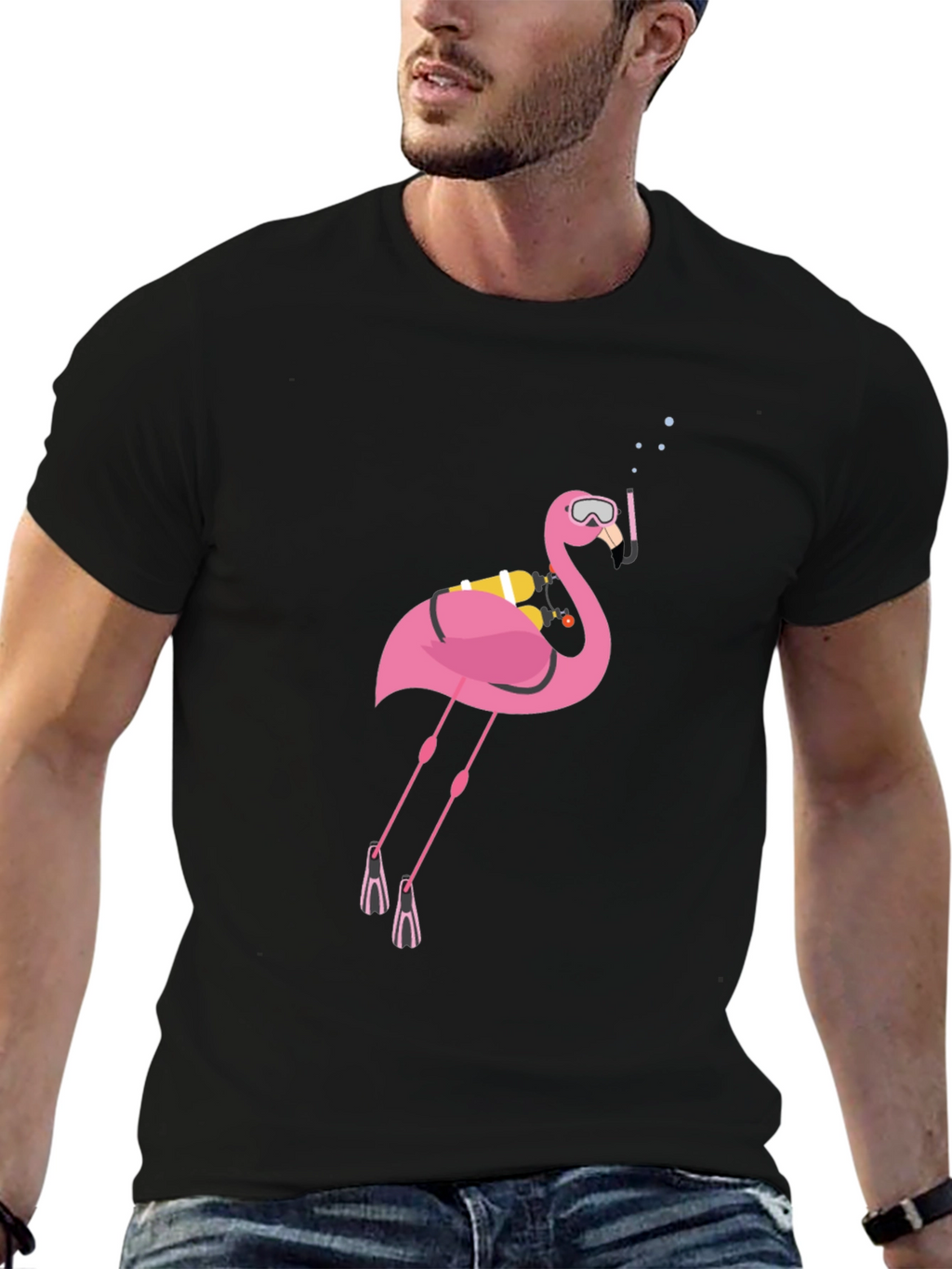 Diving Flamingo Graphic Tee - Black Cotton T-Shirt