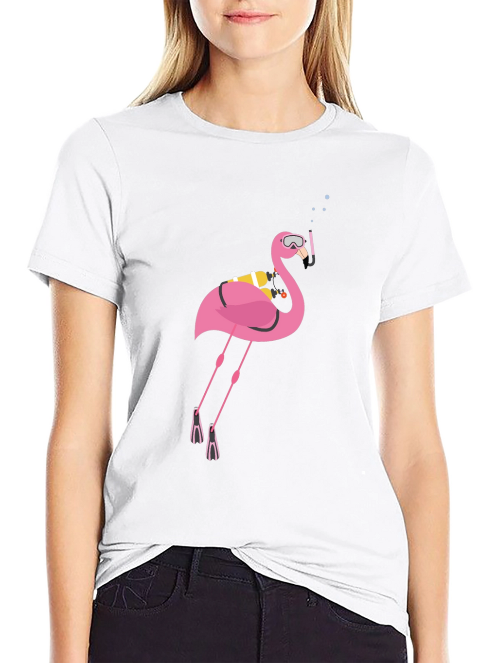 Diving Flamingo Graphic Tee - Black Cotton T-Shirt