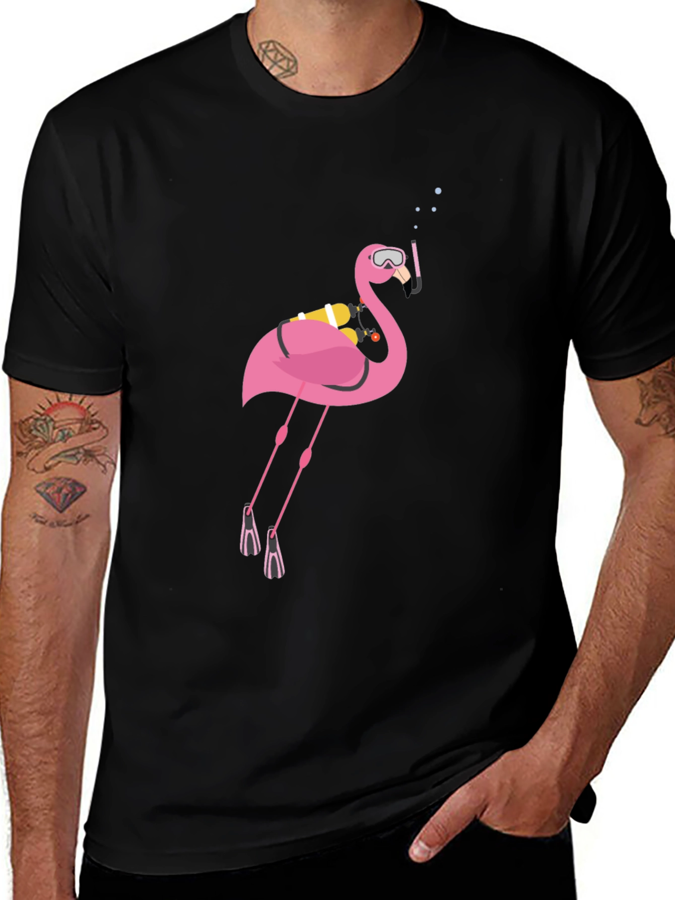 Diving Flamingo Graphic Tee - Black Cotton T-Shirt