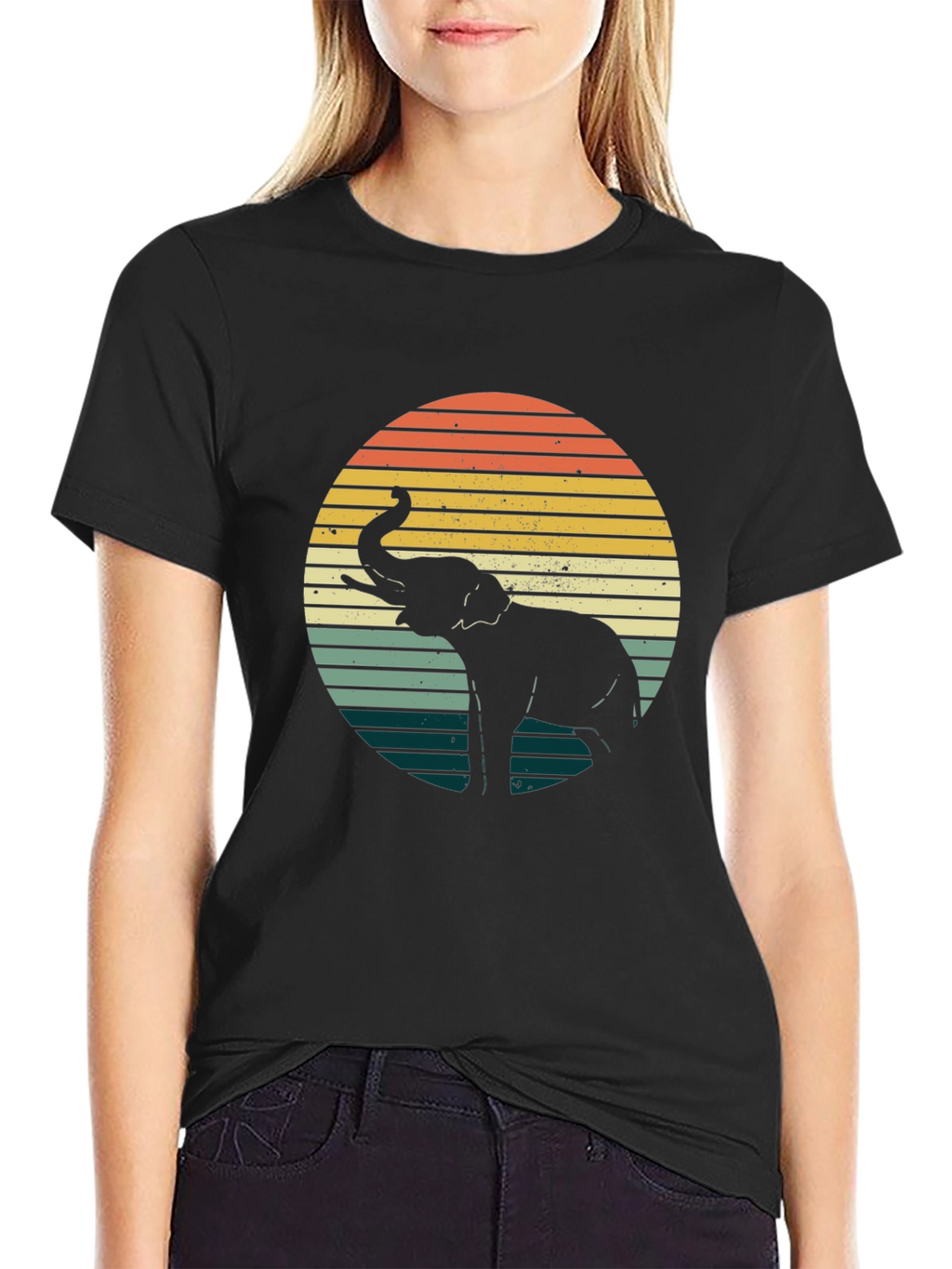 Retro Elephant Sunset Graphic Tee - Black