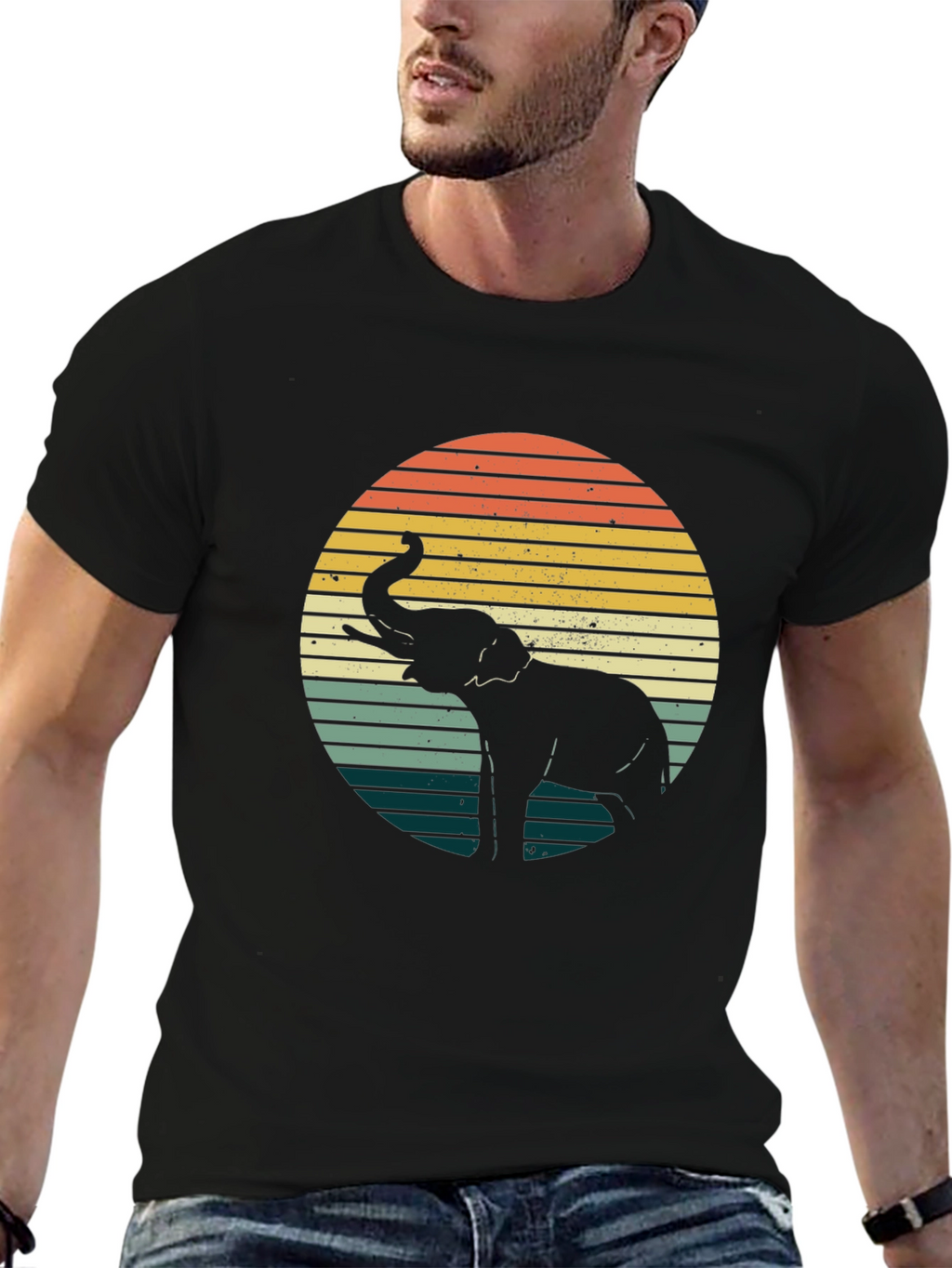 Retro Elephant Sunset Graphic Tee - Black