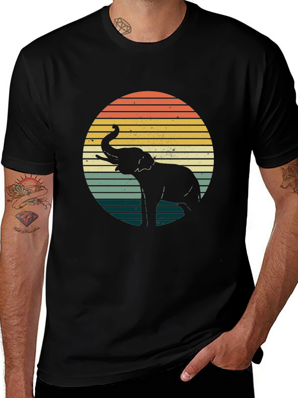 Retro Elephant Sunset Graphic Tee - Black