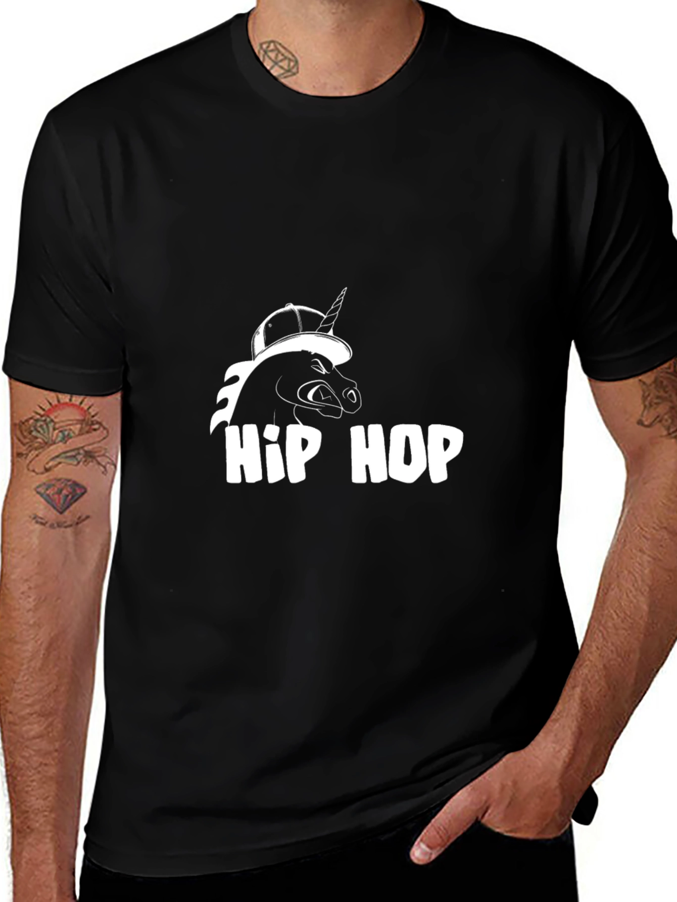 Hip Hop Unicorn Black Cotton Graphic T-Shirt