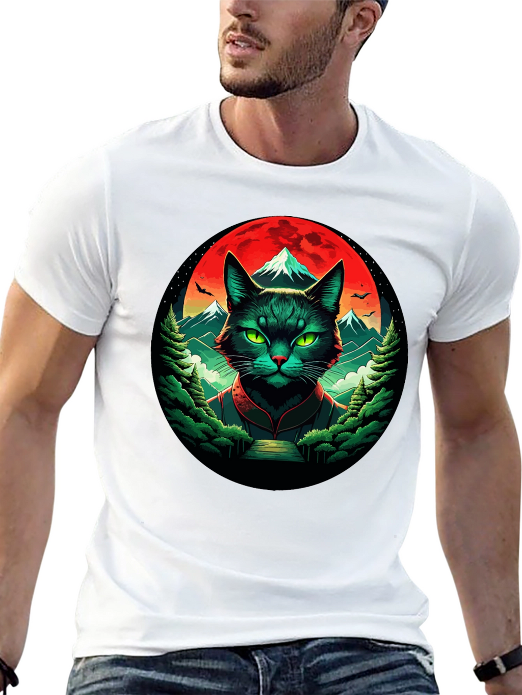Epic Cat T-Shirt: Feline Samurai Moon Design