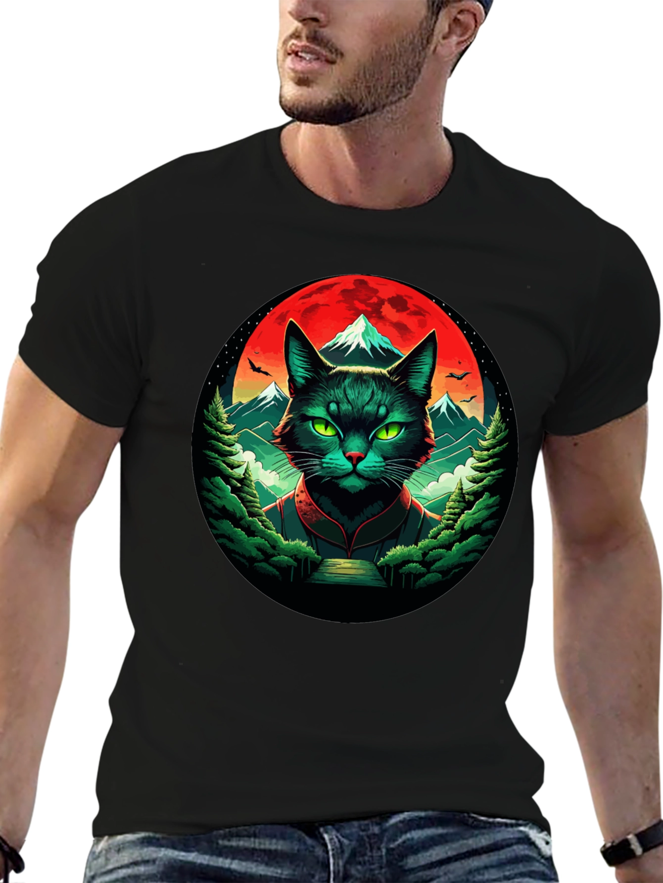 Epic Cat T-Shirt: Feline Samurai Moon Design