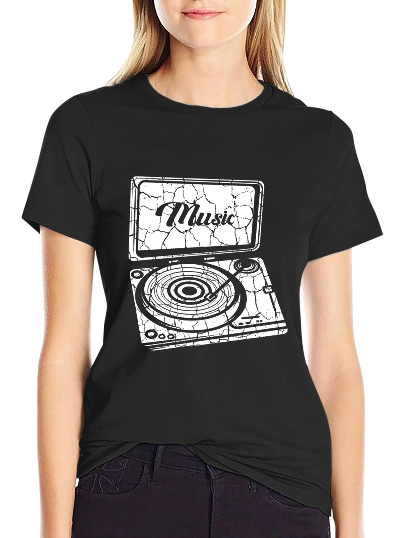 Cracked Music Turntable Graphic Black T-Shirt