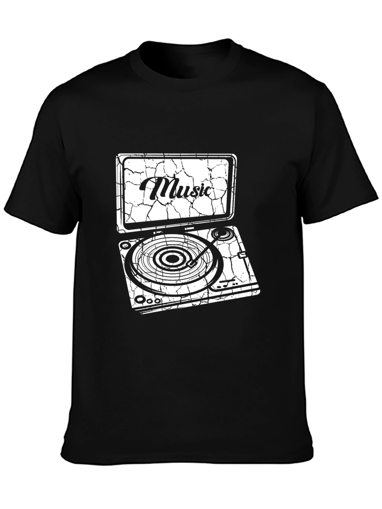 Cracked Music Turntable Graphic Black T-Shirt