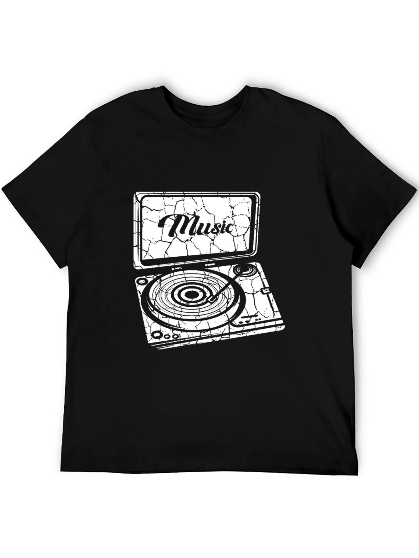 Cracked Music Turntable Graphic Black T-Shirt