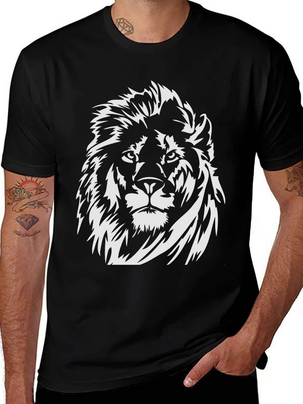Lion Graphic Tee - Black Cotton Crew Neck T-Shirt