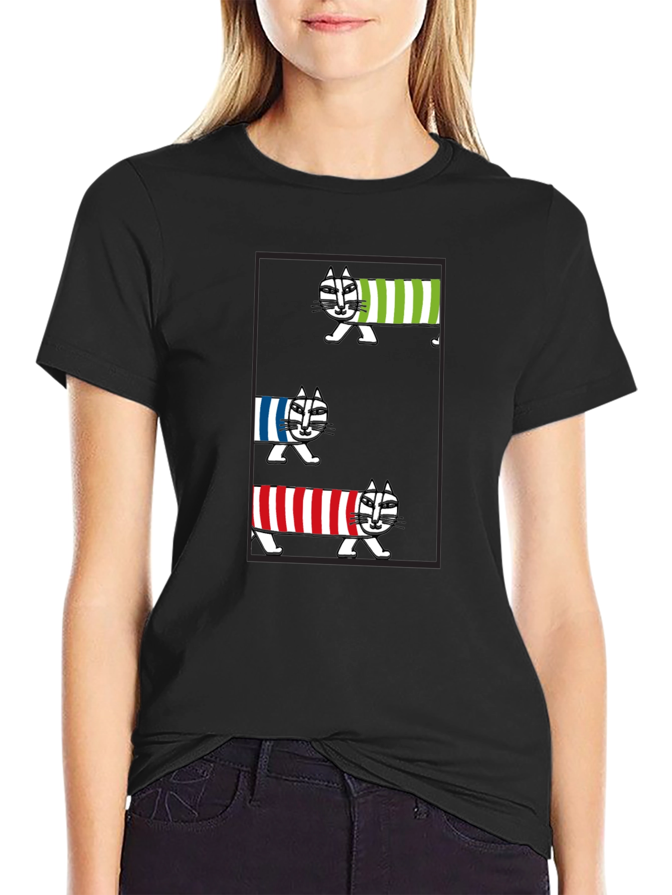 Striped Cat Graphic T-Shirt - Whimsical Tee