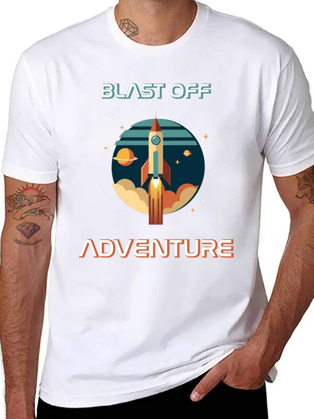 Blast Off Adventure Graphic T-Shirt - Space Rocket Design