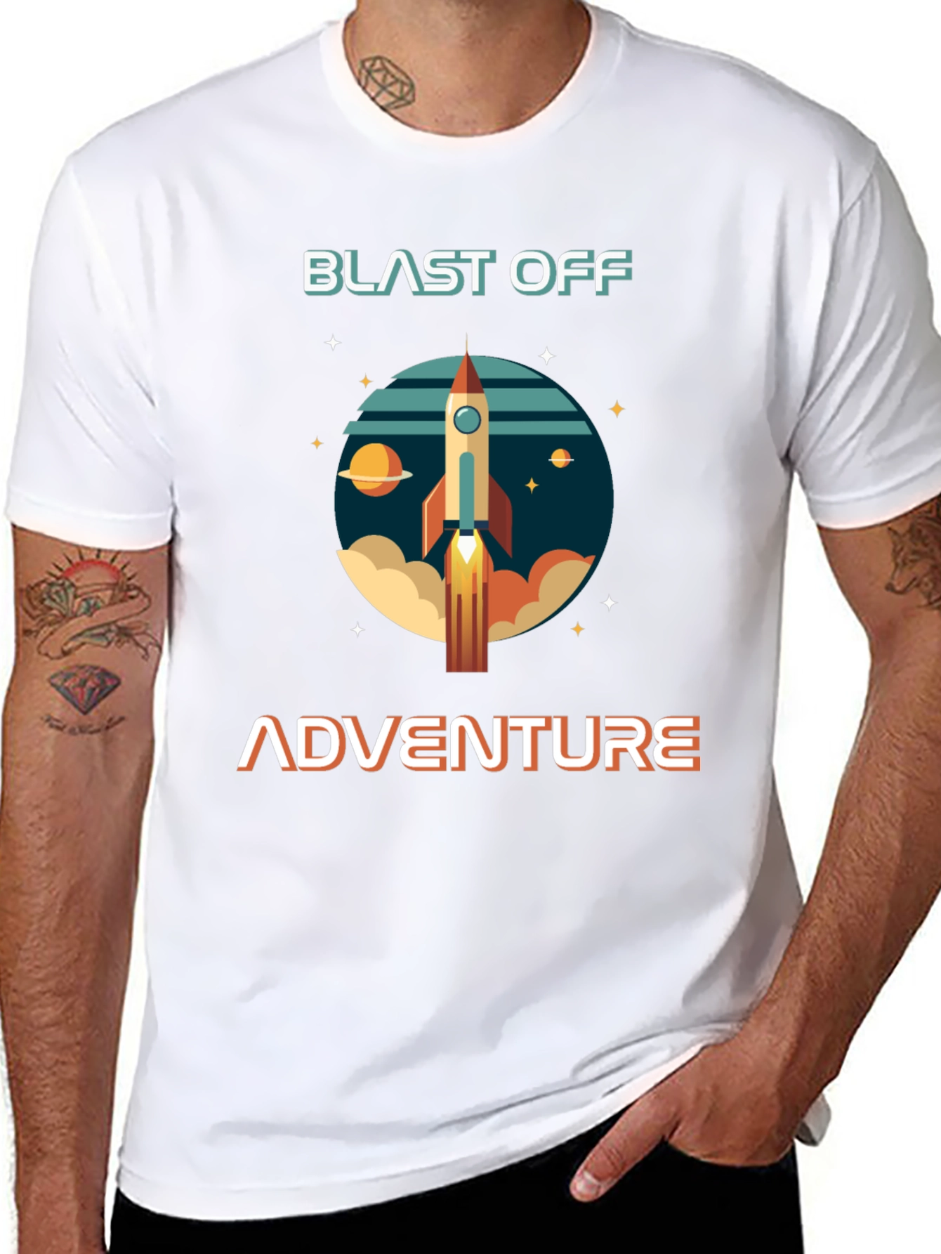 Blast Off Adventure Graphic T-Shirt - Space Rocket Design