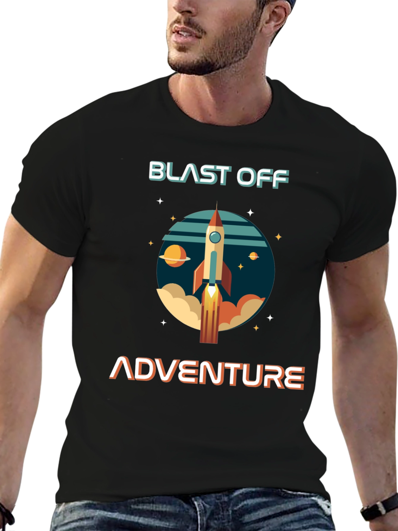 Blast Off Adventure Graphic T-Shirt - Space Rocket Design