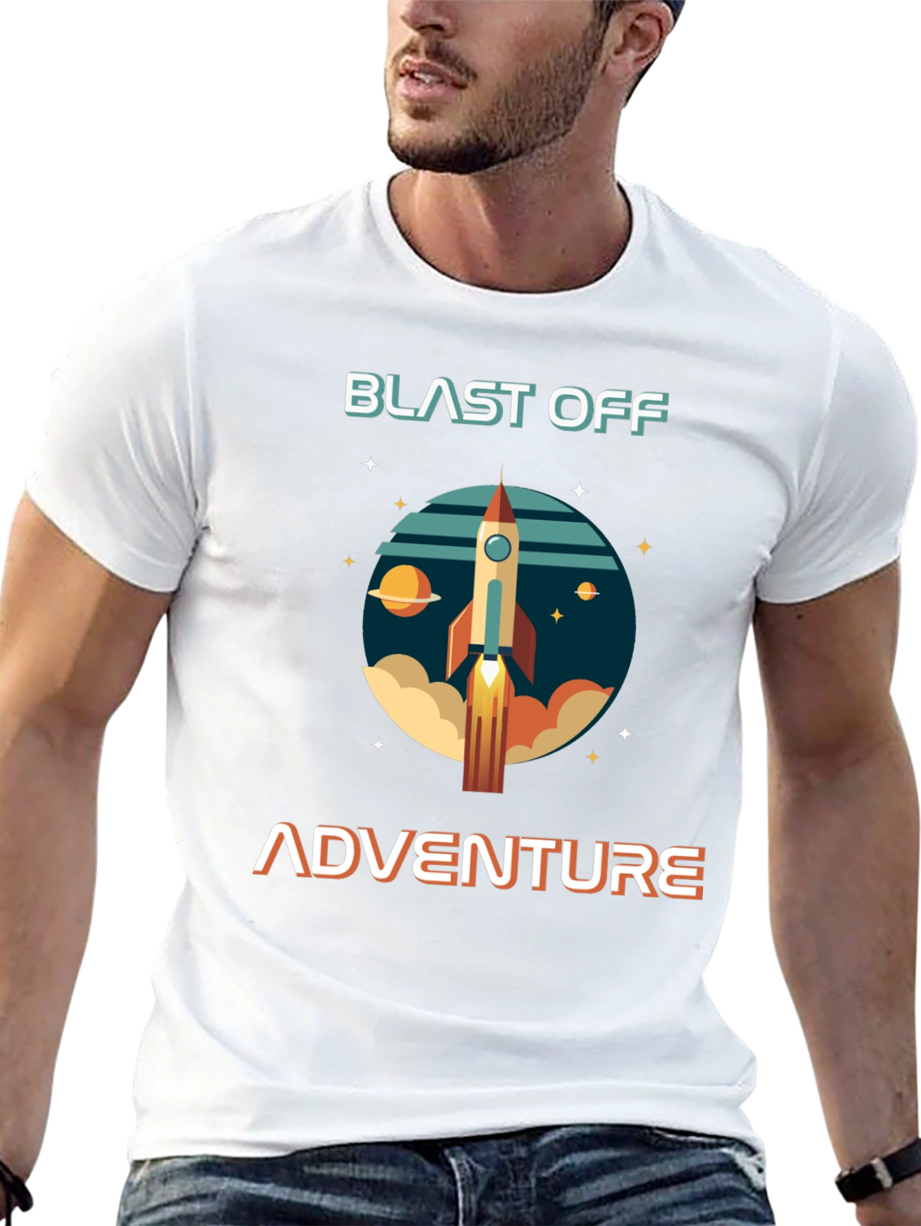 Blast Off Adventure Graphic T-Shirt - Space Rocket Design