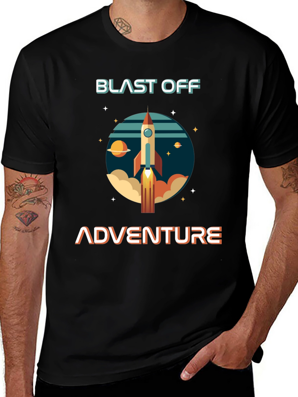 Blast Off Adventure Graphic T-Shirt - Space Rocket Design