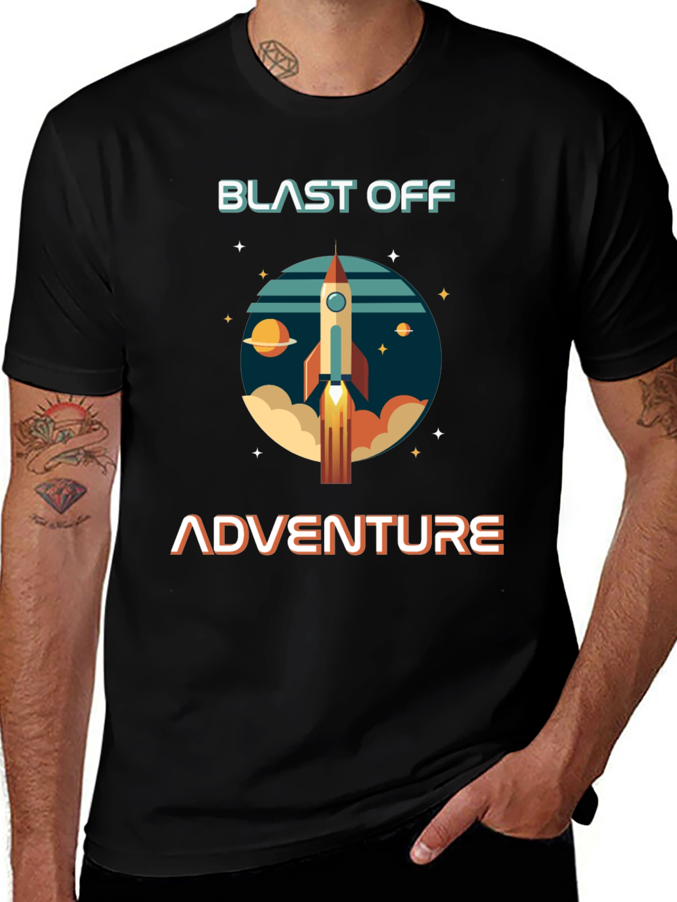 Blast Off Adventure Graphic T-Shirt - Space Rocket Design